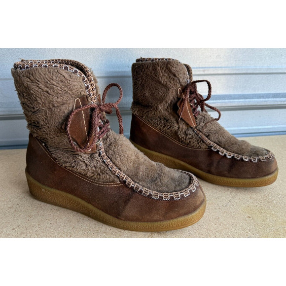 Rare Vintage Leather Upper Winter Boots Faux Fur Sherpa Lined Women’s Sz 10 - Picture 4 of 7